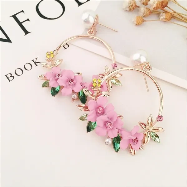 Trendy Cute Pink Flower Earrings For Women Girls Jewelry Female Rhinestone Gold Metal Round Circle Drop Earrings Gifts Brincos