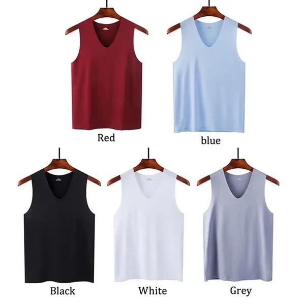 Summer Men's Ice Silk Seamless Vest V-collar Sports High Stretchy Under Shirts Breathable Smooth Stretchy Vest For Men
