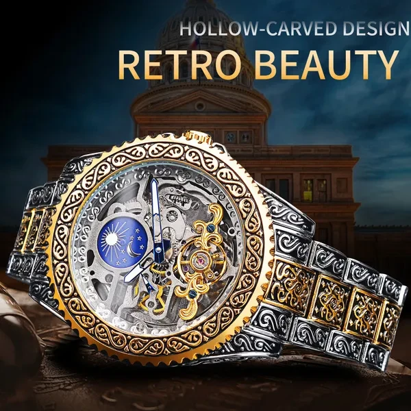 Mechanical Watch Men Tourbillon Automatic Wristwatch Luxury Hollow Watches Waterproof Mens Fashion Watches With Moon Pash