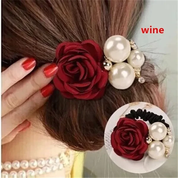 2018 Hot Sale Hair Accessories Fashion Big Pearl Rose Flower Hair Rope Women Hair Styling Elastic Hair Ring