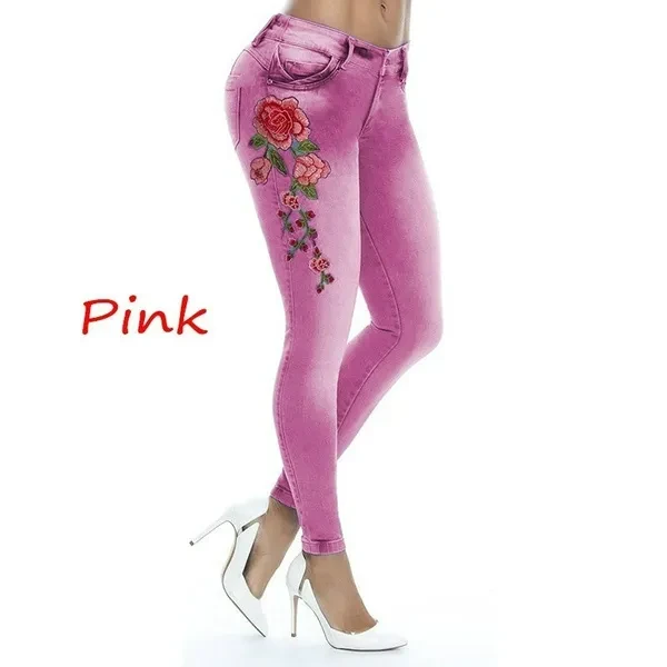 New Women's Fashion Waistband Floral Print Jeans Skinny Long Pants