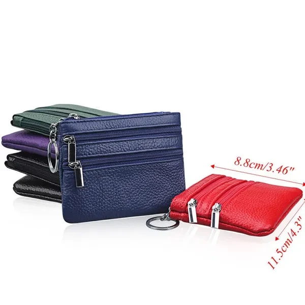 Women Men Leather Coin Purse Card Wallet Clutch Double Zipper Small Change Bag