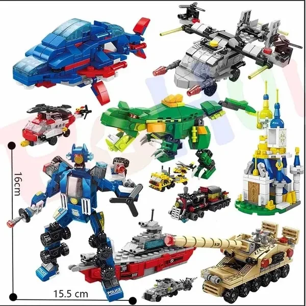6in1 City Warship Tank Excavator Mortar Train Helicopter Model Building Blocks Bricks Sets Classic Kids Toys For Children
