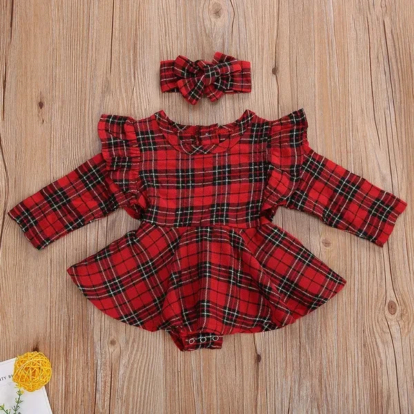 0-24M Infant Baby Girl Romper Headband 2pcs Ruffle Long Sleeve Plaid Jumpsuit Skirt Clothes Set