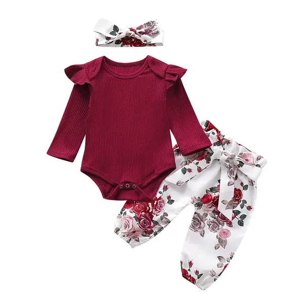 Baby Girls Pit Romper Flower Pant Headband Suit Toddler Long Sleeve Bodysuit Trousers Bow Set Outfits Clothes 3Pcs