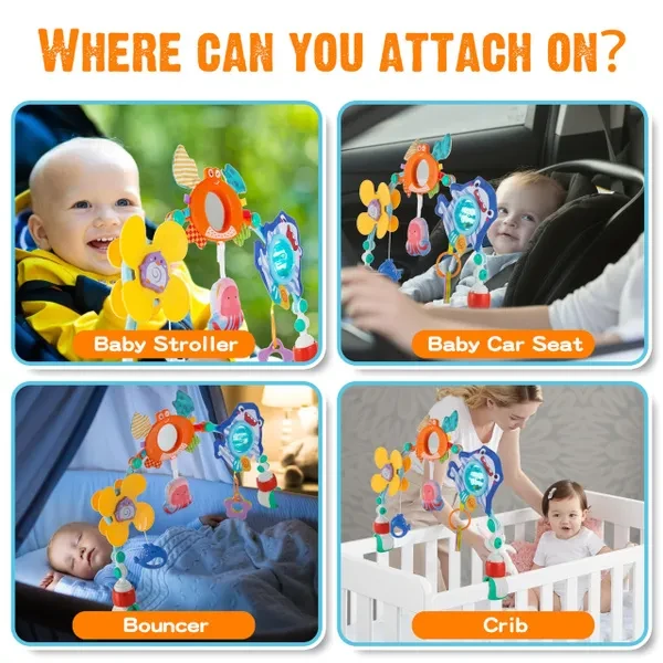 NEW Baby Stroller Arch Toy, Car Seat Toys, Adjustable Arch Stroller toy with Hanging Sensory Activity toys,fits on Baby Bouncer, Stroller, Crib and Car Seats for baby infant Boy Girl 0-18 Months