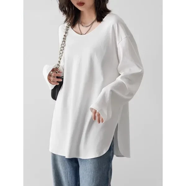 Women T-Shirts Loose Casual U-Neck Long Sleeve Female Tees Split Bottom Woman Top Ladies Clothing Autumn Spring 2024