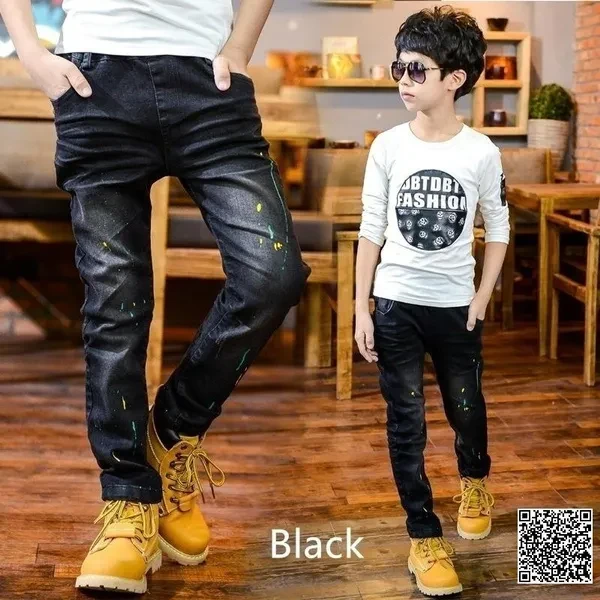 Children Spring&Autumn Casual Jeans Korean Paint Boys Denim Pants Teen Trousers Black 2 Colors 5-14 Years