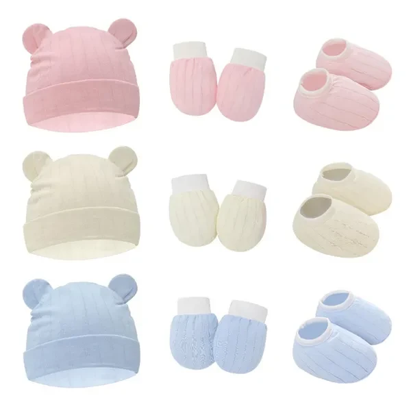 Baby Anti Scratching Gloves Cute Ears Hat Foot Cover Set Soft Cotton Newborn No Scratch Mittens Socks Beanies Cap Night Headwrap Kit for Infants Toddler Shower Gifts ZOU