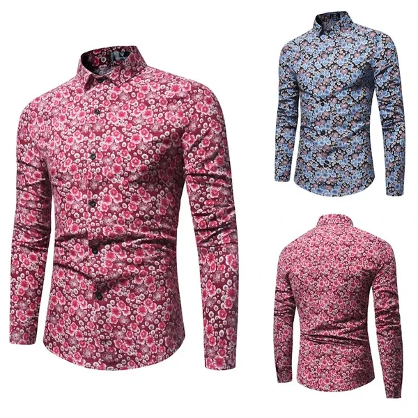 Men's Fashion ARRIVALS MODERN GENTLEMAN Floral Print Slim Fit Long Sleeved Polo Shirt Plus Size
