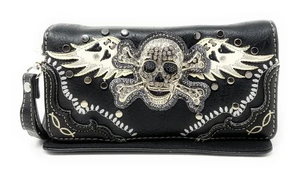 exas West Women's Embroidered Metal Skull With Wings Purse Handbag and Wallet set