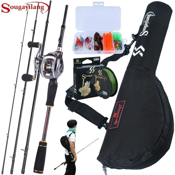 Sougayilang Fishing Rod and Reel and Fishing line lure Bag Combo, 4 Section Fishing Rod and 11+1BB Baitcasting Reel