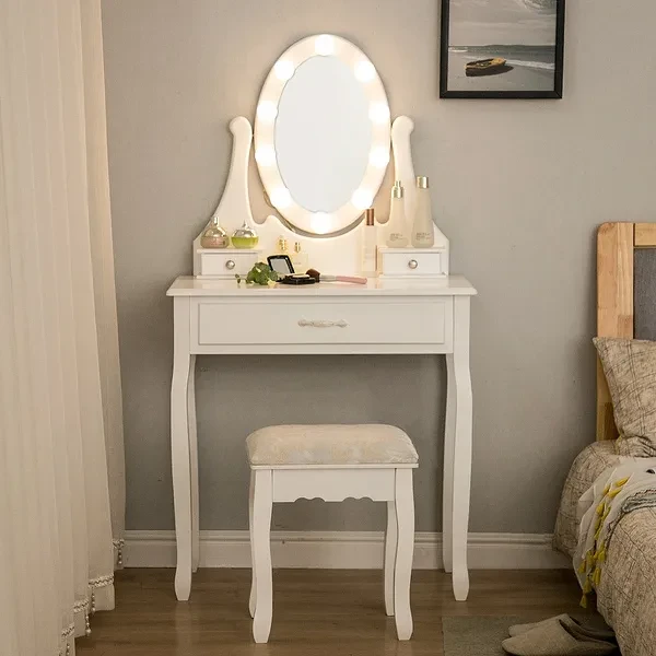 Dressing table with LED Light and Stool, Oval Mirror Makeup Table with 3 Drawers Romantic White Rose Shaped Lamp FR