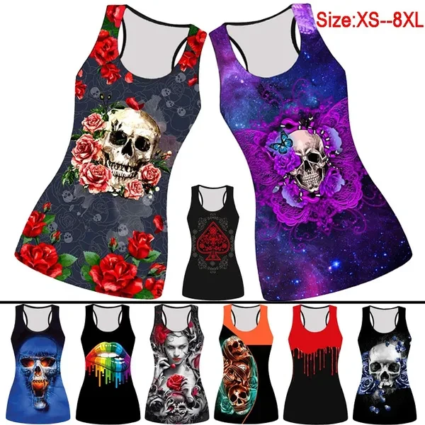 Cool Skull Flower Plus Size Tank Tops Women Vests Workout Shirt Soft Summer Sport Yoga Sleeveless Shirts