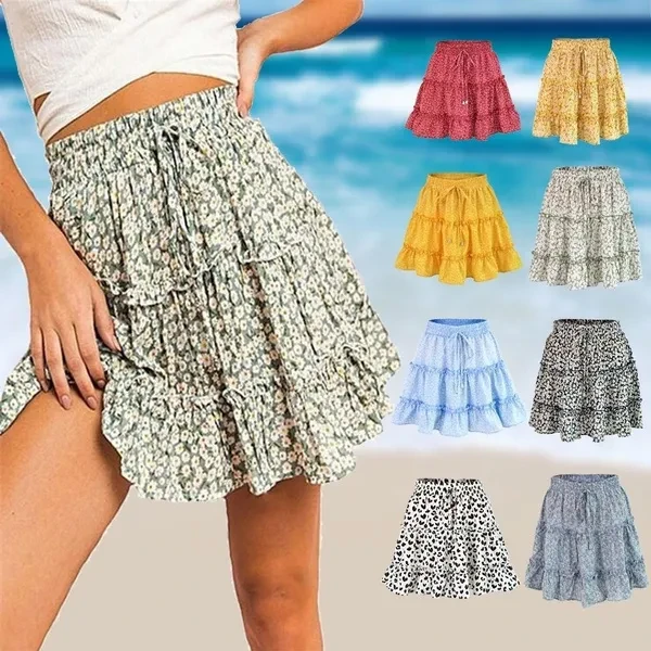 New Women Fashion Casual Floral Short Skirts Summer High Waist Pleated Beach Skirt