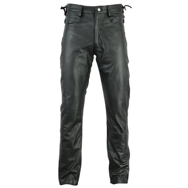 Men's black Thick Leather Side Laces up Jeans Style long Pant Motorcycle Leather Trousers