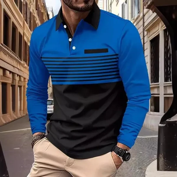 Spring Autumn Fashion Men Striped Patchwork Long Sleeved Tshirts