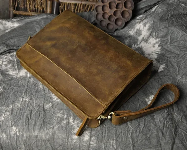 Mens Genuine Leather Business Briefcase Sling Messenger Shoulder Clutch Hand Bag Removable Wristlet
