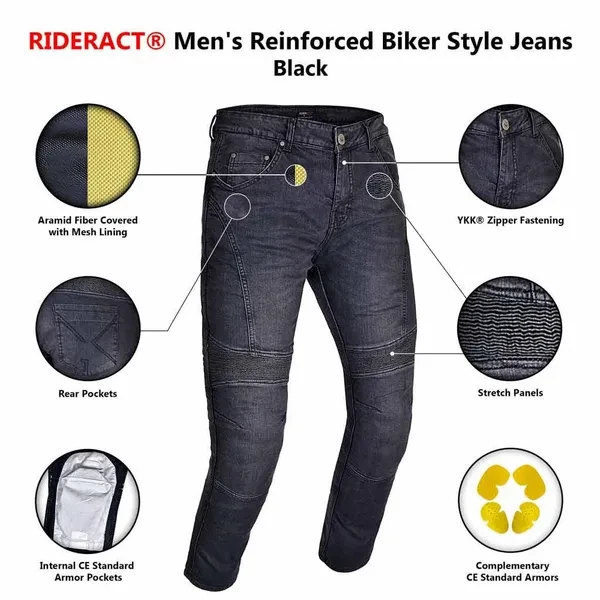 RIDERACT® Mens Motorcycle Jeans Black Motorbike Bikers Style Jeans Heavy Duty Stretch Denim Fabrics Pant