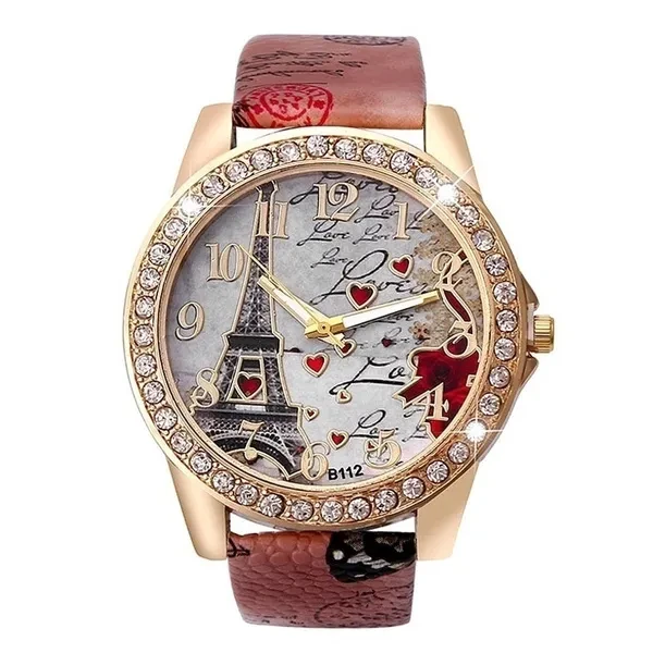 New Fashion Effiel Tower Heart Printed Wristwatch Quartz Watch Gifts