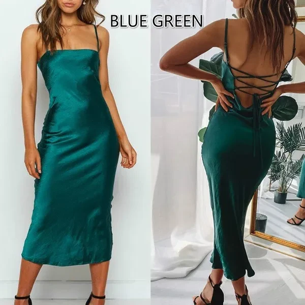 Spring and Summer Fashion Women Sling Dress New Solid Color Backless Retro Casual Long Dresses Under Split Ruffled Sleeveless Skirt