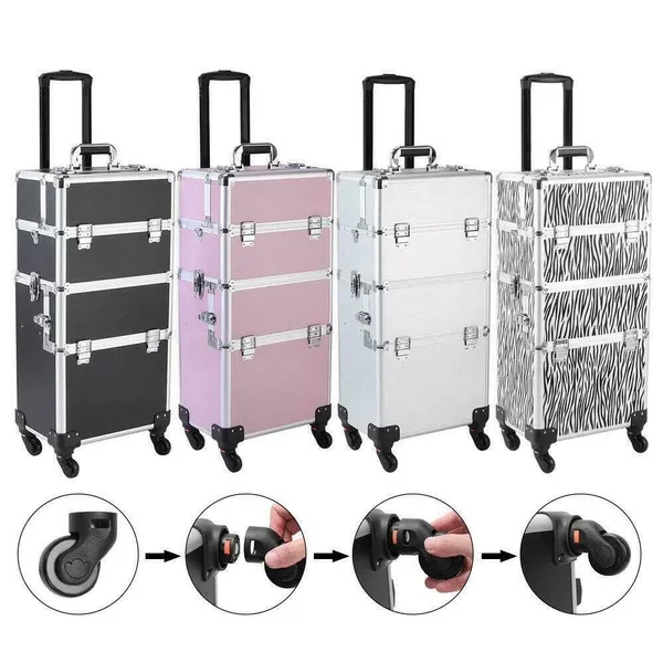 Universal Wheels Detachable Rolling Makeup Case Aluminum Train Trolley Organizer