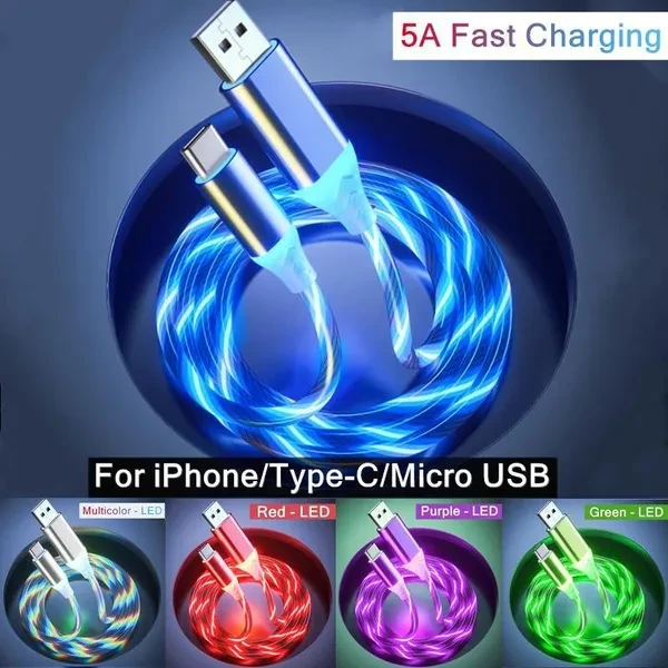 5A Flowing Glowing Light Cable USB Fast Charging Cables For Cell Phone for iPhone  Android Phone Type-C Micro USB Samsung XiaoMi HUAWEI Charger Cord