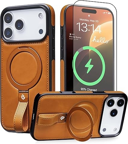 for iPhone 17 Pro Max Case Leather  iPhone 17 Pro Max Leather Case with Stand  Compatible with MagSafe with Magnetic Ring Grip Holder (Brown, IP17 Pro Max-6.9inch)