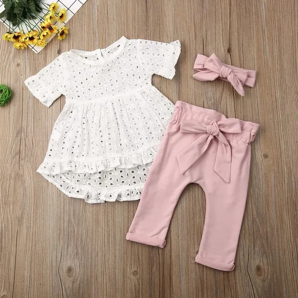 Newborn Toddler Kid Baby Girl Clothes Lace Top T-Shirt Pants Leggings Headband 3Pcs Outfit Set