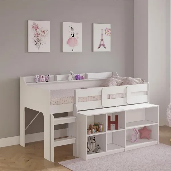 Rack Furniture Hamilton Twin Sized Kids Loft Bed Frame with Storage Unit, White