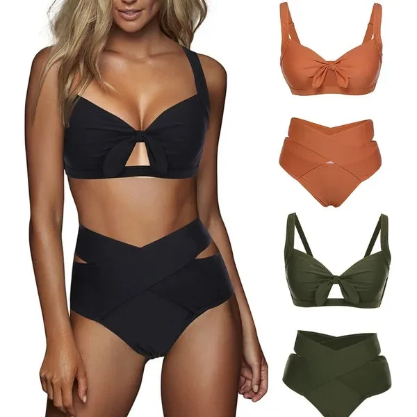 New Summer Women 's Fashion Bikini Set Solid Color Two Pieces Swimsuit High waist Sexy Backless Bathing Suit Beach Wear