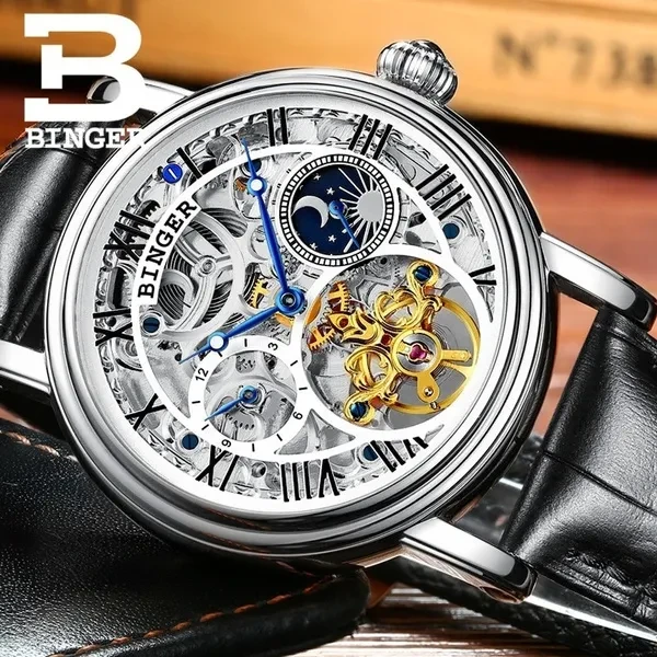 BINGER Quality Watches Automatic Watches For Men Mechanical Clock Silver Skeleton Business Wrist Uhr with Gift Box