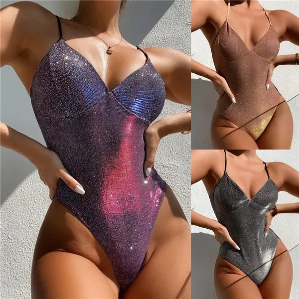 Multicolor Women Shiny One-piece Shiny High Cut Backless Leotard Swimsuit Swimwear