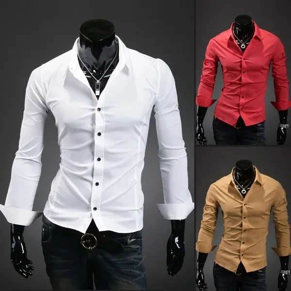 Blouses for Men Slim Elegant Shirts High Quality Solid All-match