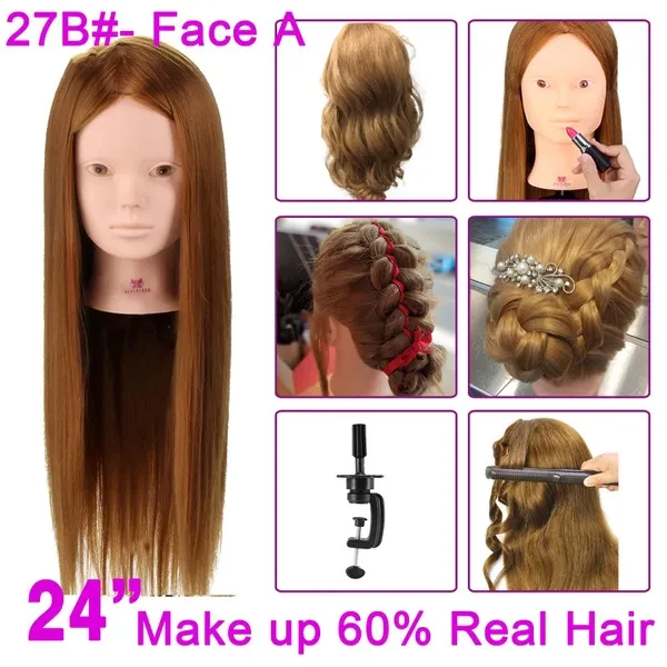 60cm Long Real Human Hair Salon Hairdressing Cosmetology Mannequin Head Training Practice Doll Head + Fixed Clip (Hairdressing / Hair Styling / Makeup)