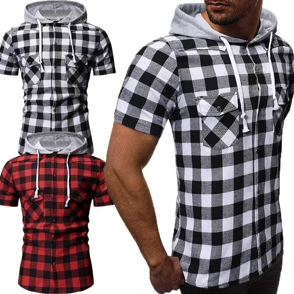Hoody Blouses Male Casual Summer Men's Fashion Short Sleeve T-Shirt Plaid Hoodie Slim Shirt