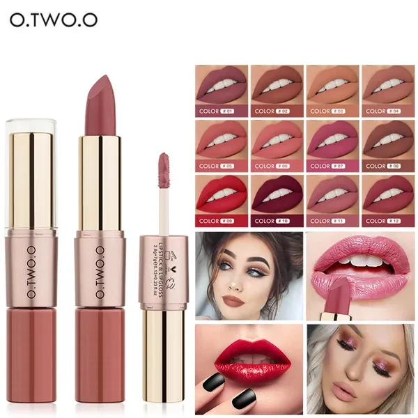 O.TWO.O Lip Gloss Double-ended Non-stick Cup Matte Lipstick Waterproof Long Lasting Moisture Lipstick 2 in 1 12 Colors Lip Glaze Cosmetic Makeup