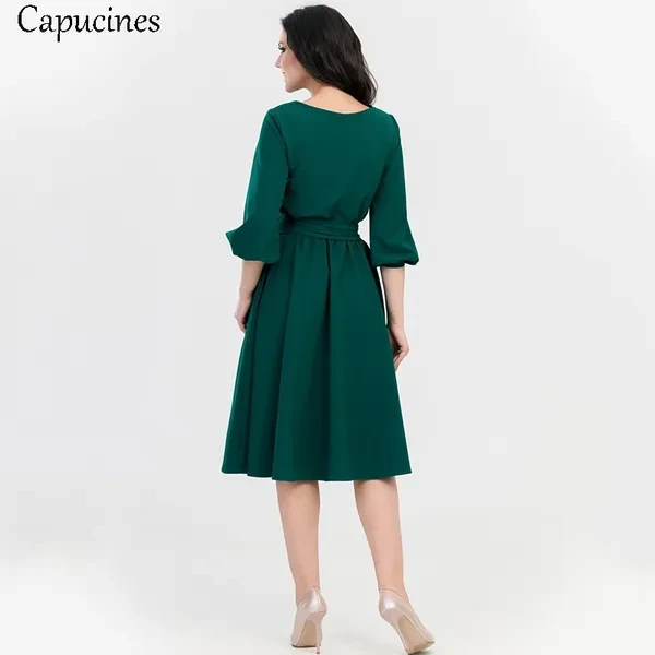 Autumn Vintage Soild Lantern Sleeve A-Line Dress Women Elegant O-Neck Half Sleeve Pocket Sashes Knee-Length Casual Dress