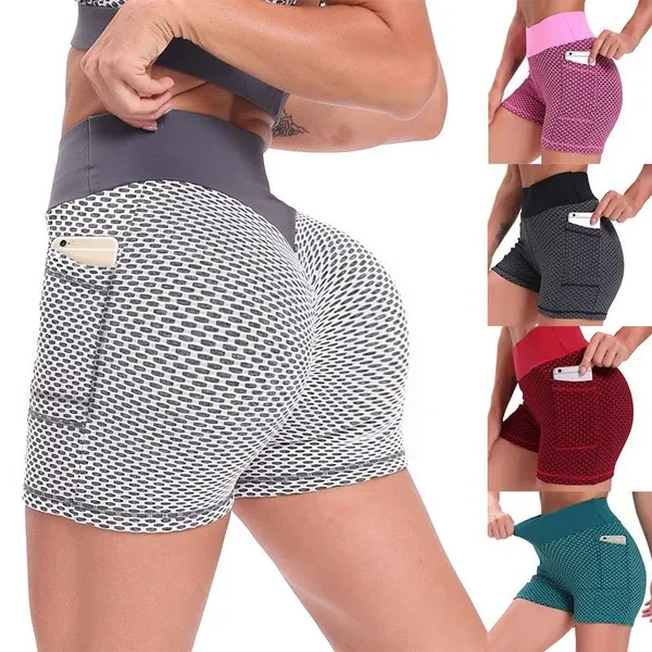 Women's High Waist Sports Shorts Athletic Shorts with Pocket Gym Workout Fitness Yoga Short Leggings Briefs Athletic Breathable Shorts