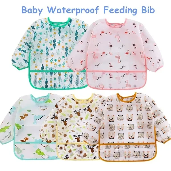 Hot Cute Cartoon Animals Baby Bibs Waterproof Colorful Children Bib Full Sleeve Bibs Children Apron Long Sleeve Feeding Bibs
