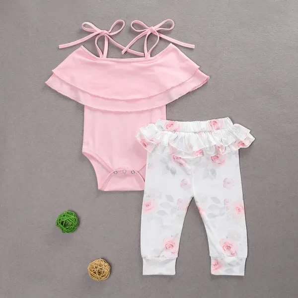 Infant Baby Girls Summer Ruffled Collar Lace-up Romper Flower Print Trousers Casual Style Clothes 0-24 Months