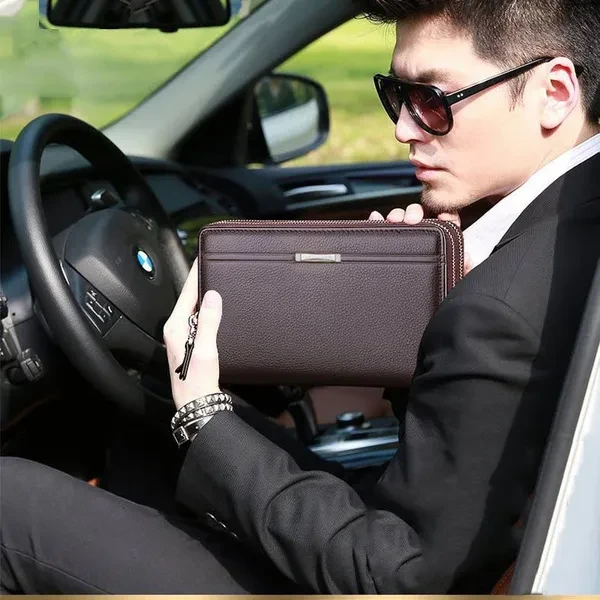 Fashion Business Men's PU Leather Wallets Handbag Multifunctional Bank/ID Card Holder Wallet Double Zippers Large Capacity Clutch Bag