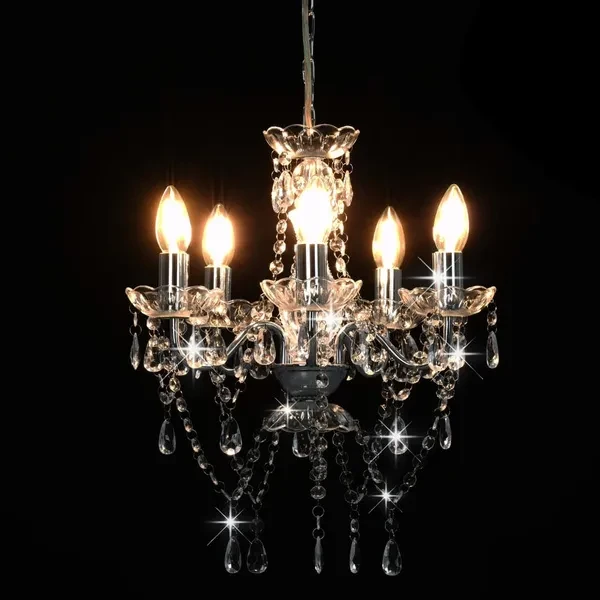 Chandelier with Crystal Beads Silver Round 5 x E14 Kronleuchter kroonluchter lustre