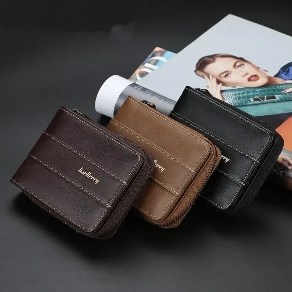Men's Leather Wallet Short Wallet Casual Zipper Coin Purse Male Card Holder