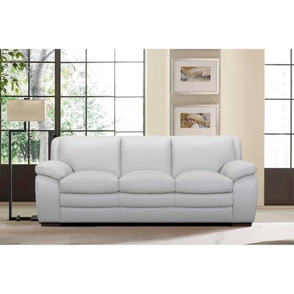 Zanna Contemporary Sofa in Genuine Dove Gray Leather with Brown Wood Legs