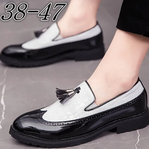 Men's Wine RedBlackWhite Wingtip Tassel Loafers Mens Embossed Vamper Leather Slip-ons Mixed Color Casual Dress Shoes for Men Size 38-47
