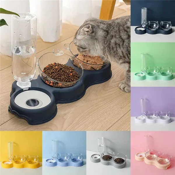 Pet Cat Bowl Automatic Feeder 3-in-1/2-in-1 Dog Cat Food Bowl with Water Fountain Double Bowl Drinking Raised Stand Dish Bowls for Cats