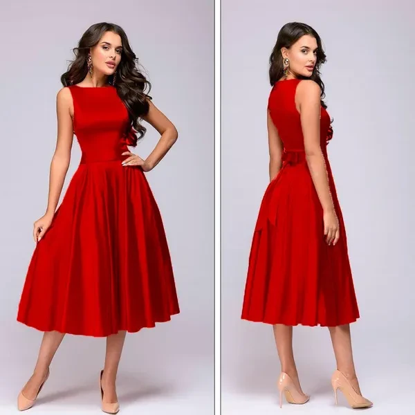 Vintage Style Knee-length Dress Fashion Sleeveless Elegant A-line Vestidos with Belt Party Short A-line Dress