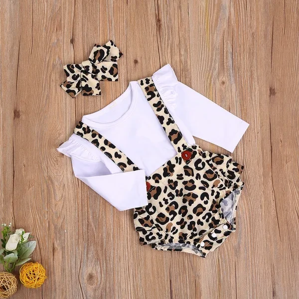 Newborn Infant Baby Girl Autumn Spring Long Sleeve Leopard Romper jumpsuit Bodysuit Headband 2PCS Clothes Set