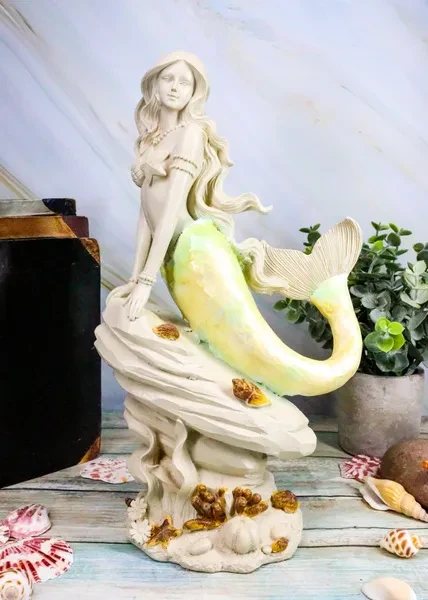 Ebros Ocean Mermaid Sitting On Sea Rock Figurine 11.5H Aquamarine Goddess